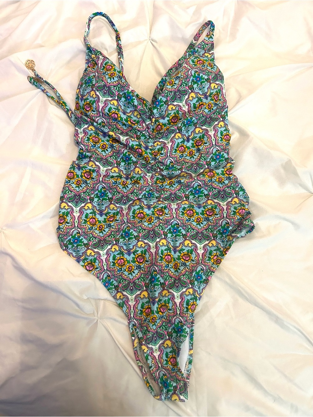 Jessica Simpson Floral Paisley One-Piece Swimsuit in Teal, Yellow, Pink. Medium